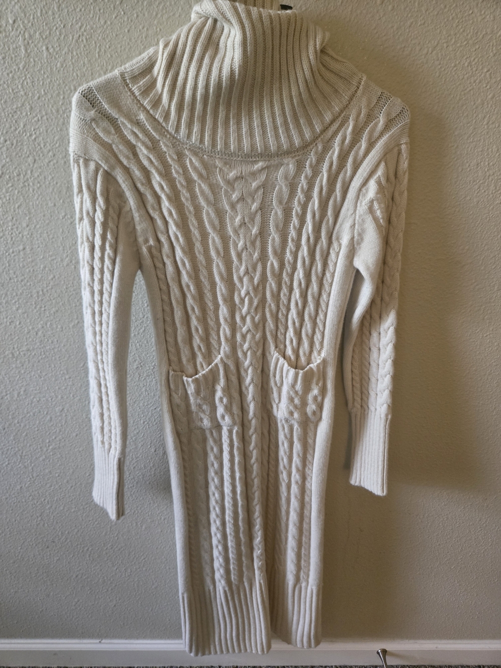 Cream Cable-Knit Turtleneck Sweater Dress